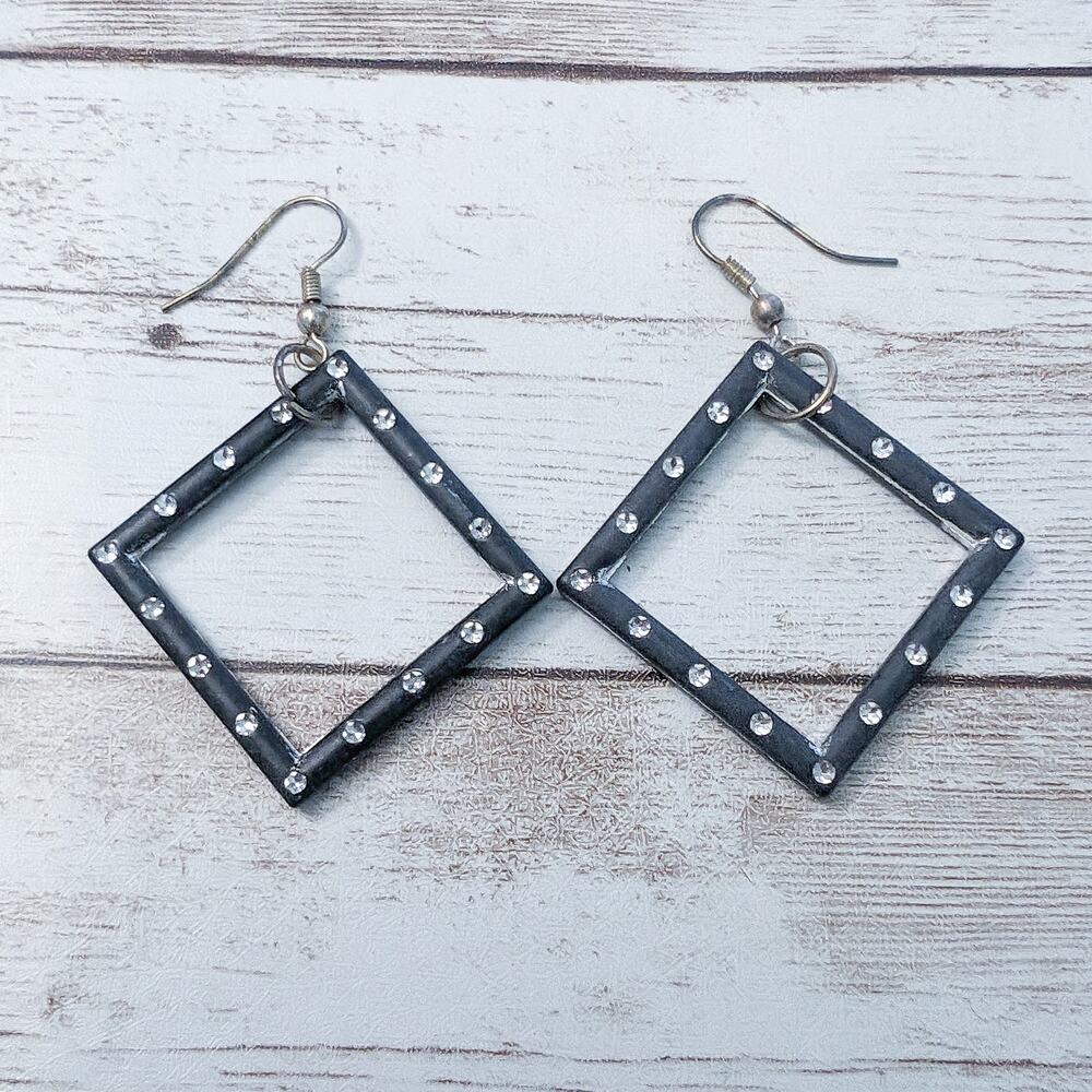 Earrings For Pierced Ears Large Black & Clear Gem Dangle